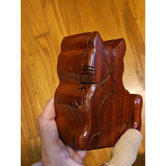 Vintage Wooden Cat Shaped Puzzle Trinket Box, 2.5" 4.5" x 4" - Picture 11 of 11